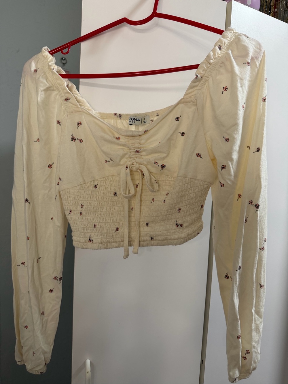 Arizona Cream Floral Smocked Long-Sleeve Crop Top